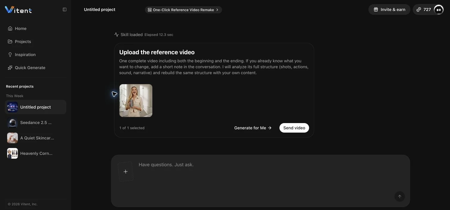 English Vitent One-Click Reference Video Remake project after the 15-second source video upload completed