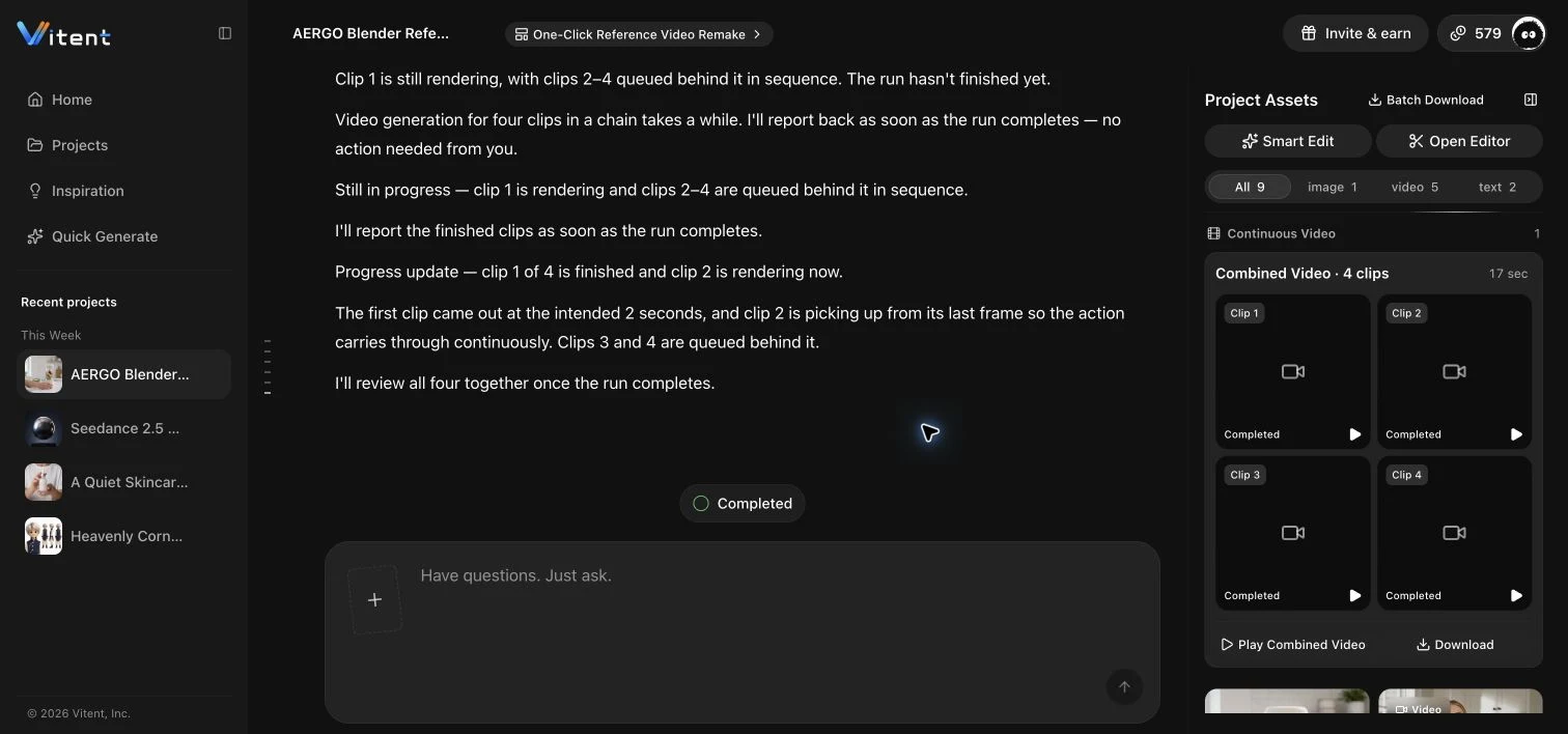 English Vitent project with all four reference-remake clips completed and a combined video ready to play