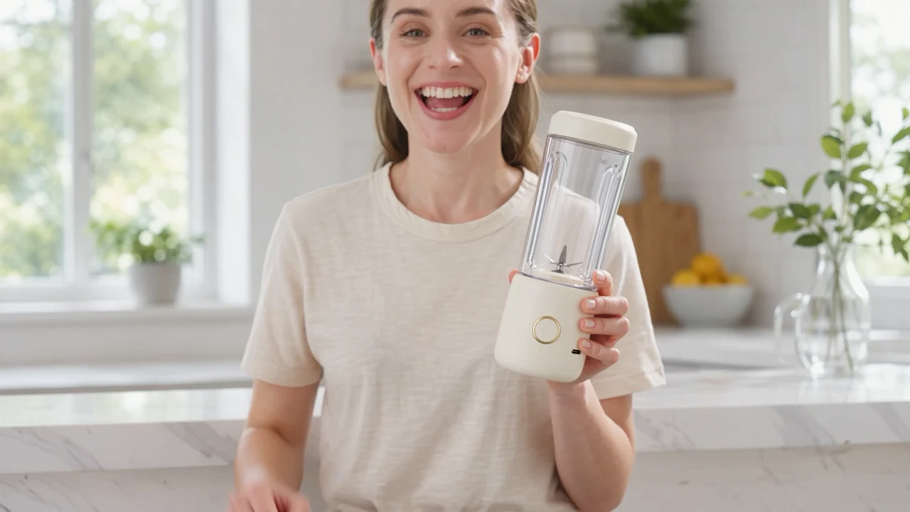 Opening frame of the completed remake with a presenter holding the fictional ivory blender