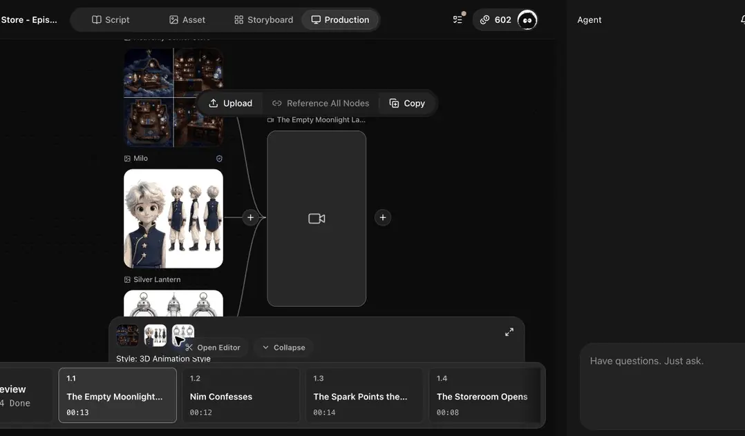 Import the English storyboard and references, configure a low-cost preview, and review the completed Production clip