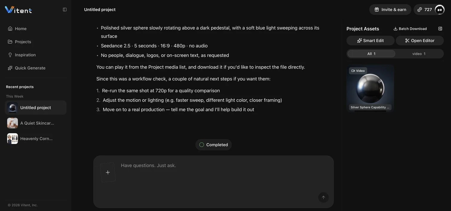 Completed Seedance 2.5 video in the English Vitent Agent project