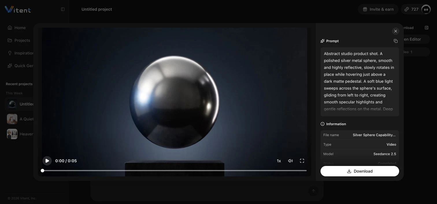English Vitent preview for the completed silver-sphere Seedance 2.5 video