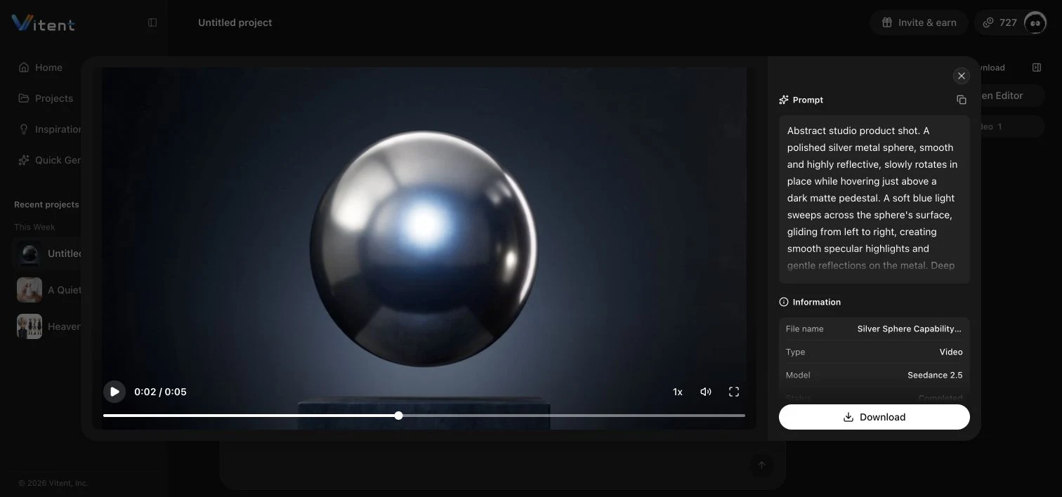 Midpoint frame from the completed Seedance 2.5 silver-sphere workflow test