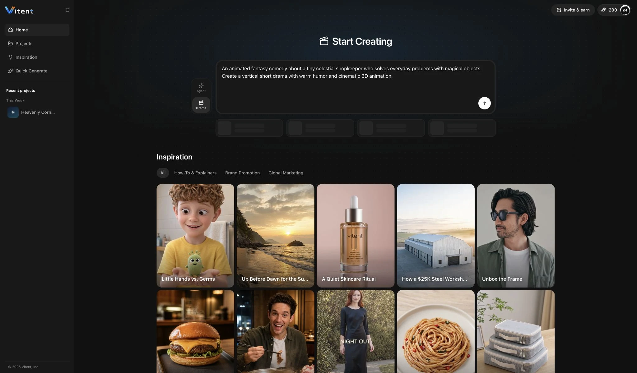 English Vitent home page with Agent and Drama creation paths