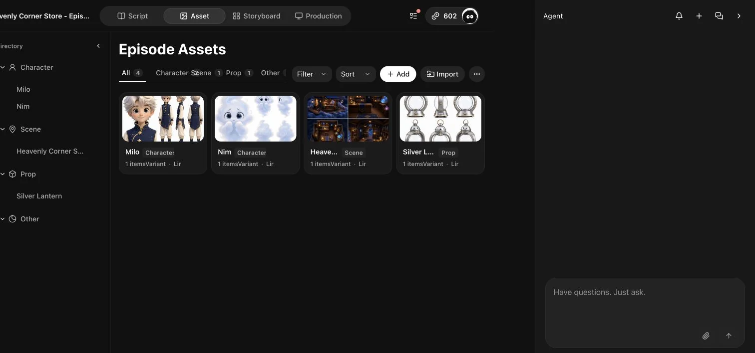 English asset library with generated references for Milo, Nim, Heavenly Corner Store, and Silver Lantern