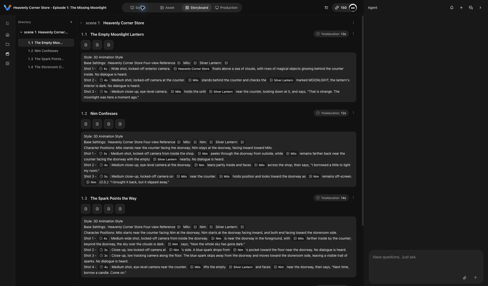 Audited English Storyboard with four clips and linked project assets