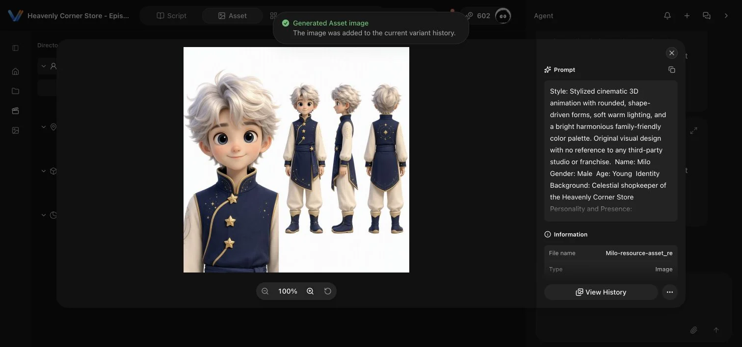 Milo character reference generated in Vitent