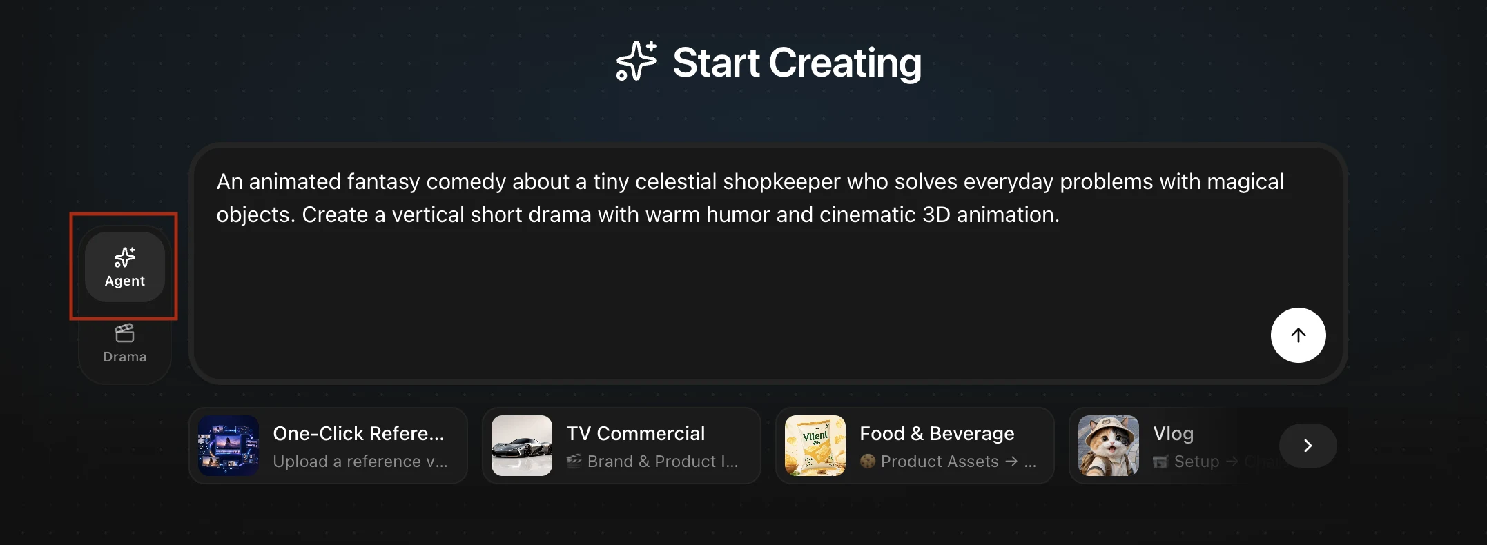 English Vitent home page with top-level Agent mode selected, a creation prompt, and template shortcuts
