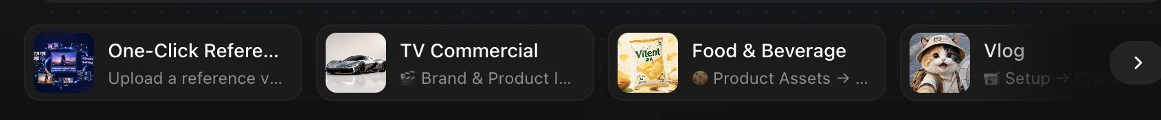 English Vitent Agent templates including reference remake, TV commercial, food and beverage, and vlog