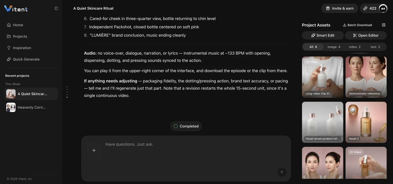 Completed Agent project with the generated 15-second marketing video in Project Assets