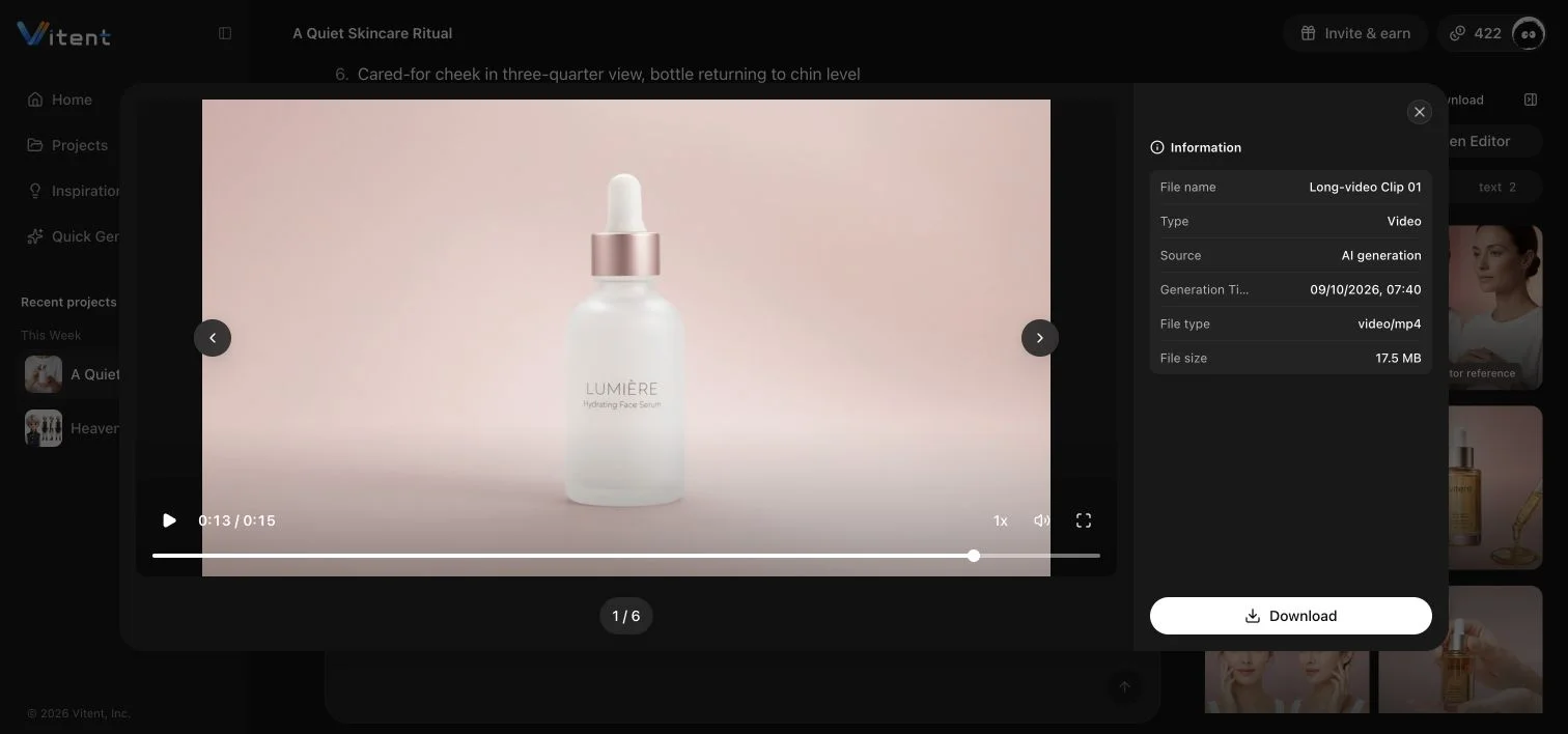 Generated LUMIERE serum packshot near the end of the Agent video