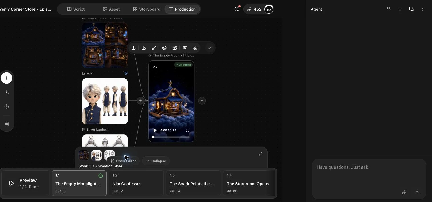 Completed English Production canvas with a playable accepted video and one of four clips done