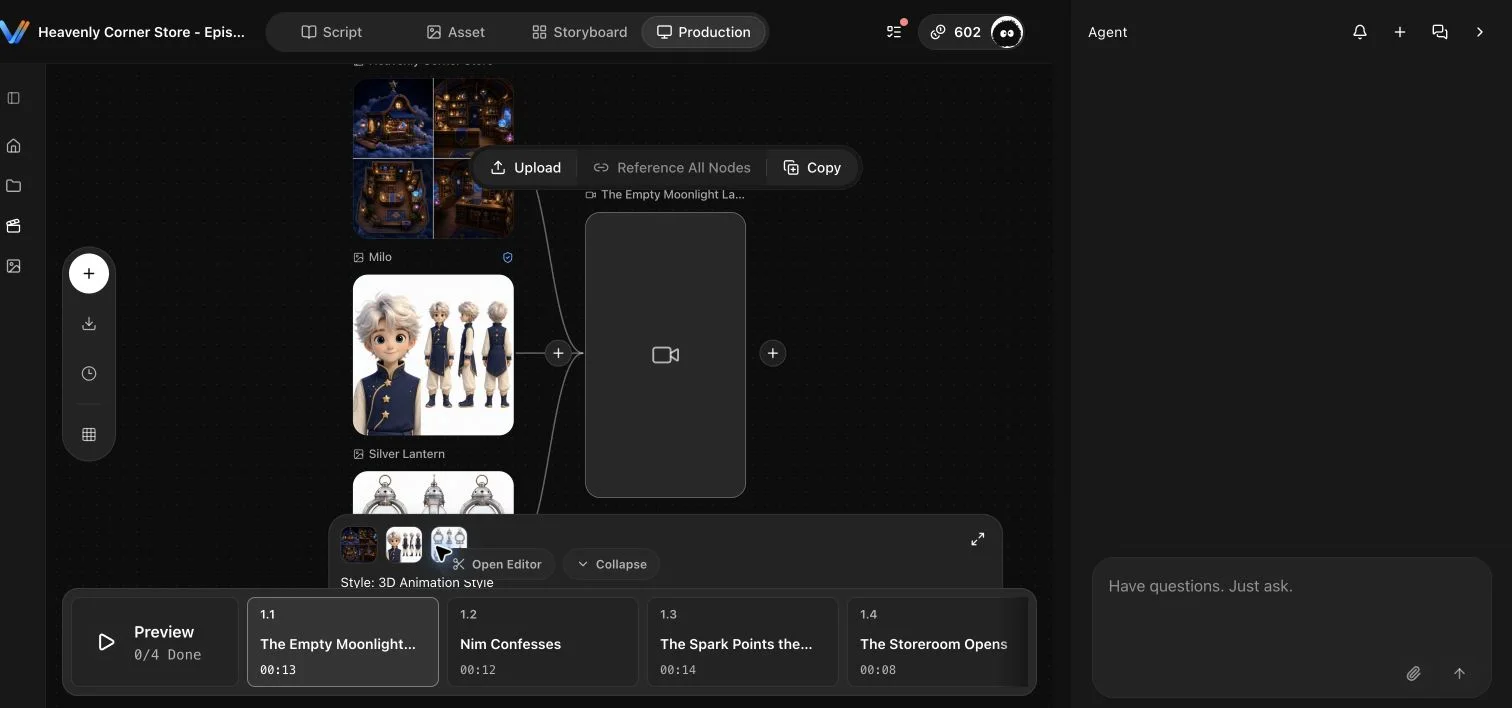 English Production canvas after Import All connects three assets to a video node