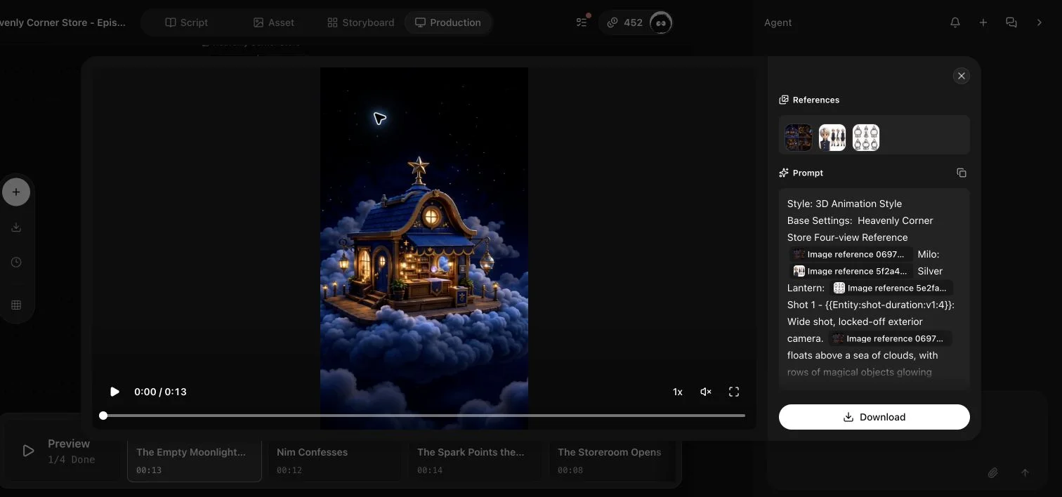 English video preview with generated frame, references, prompt, and download action