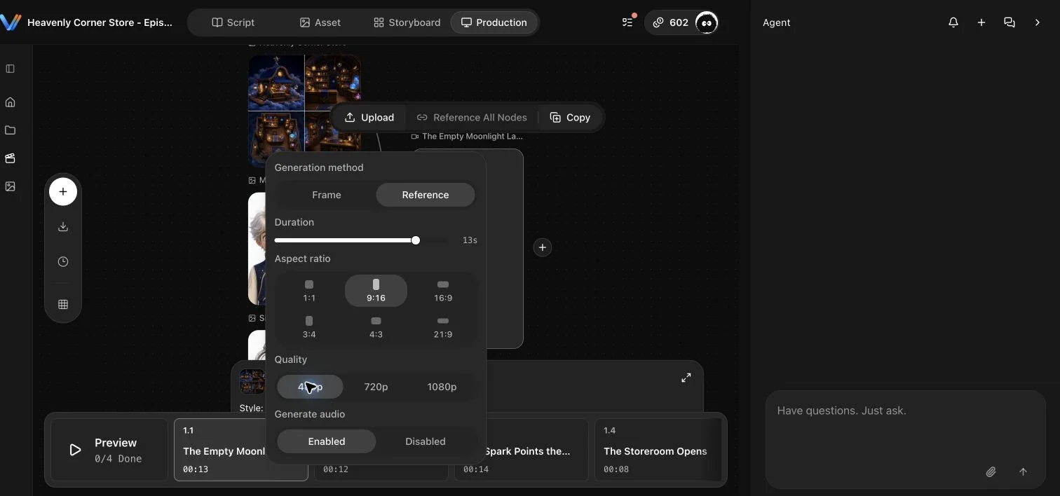 English video settings showing Reference, 13 seconds, 9:16, 480p, and audio enabled